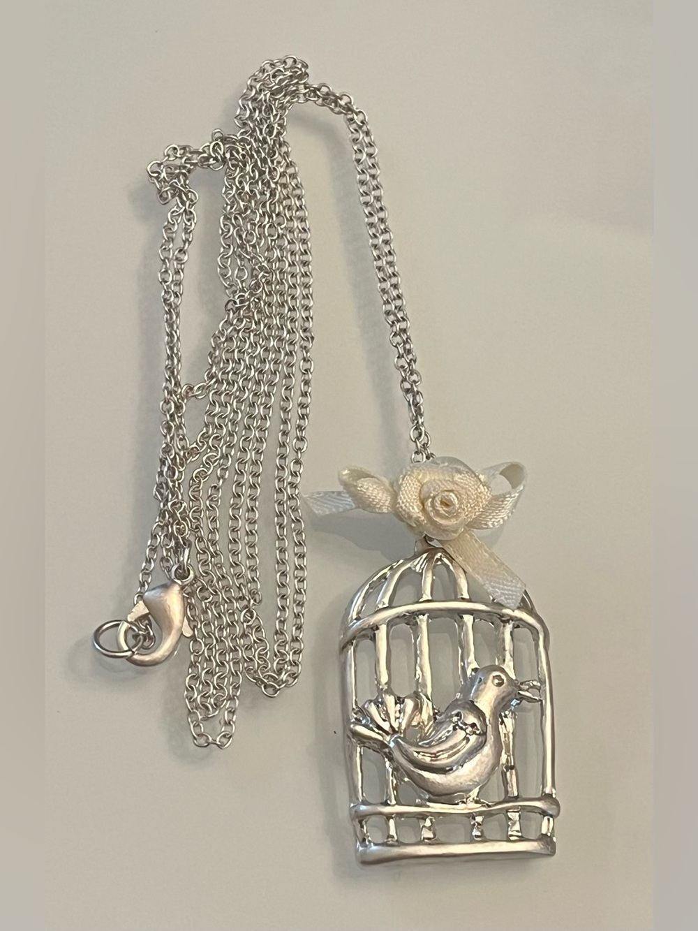 Silver tone bird cage pendant necklace long chain 36”